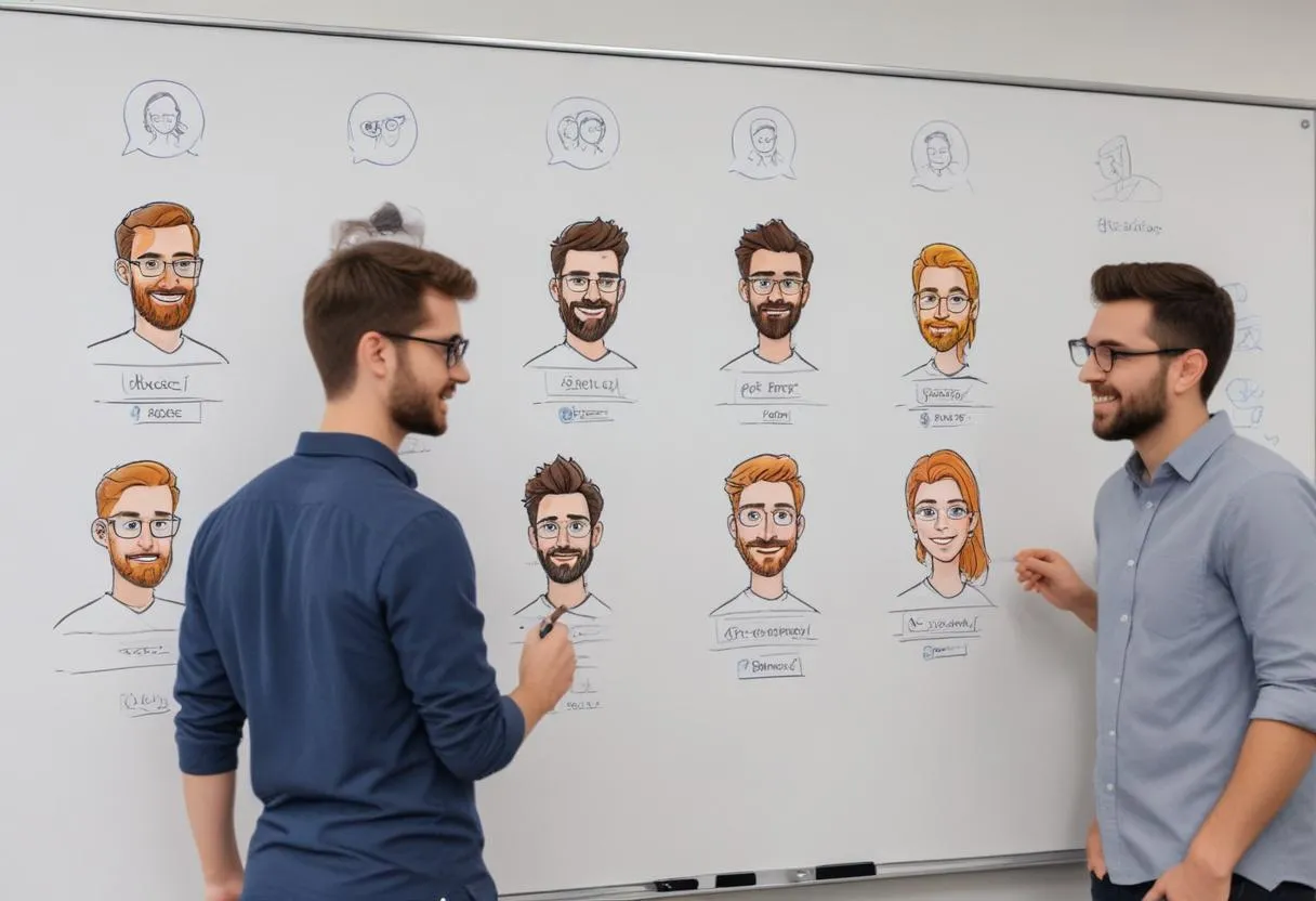 A team discussing user personas on a whiteboard